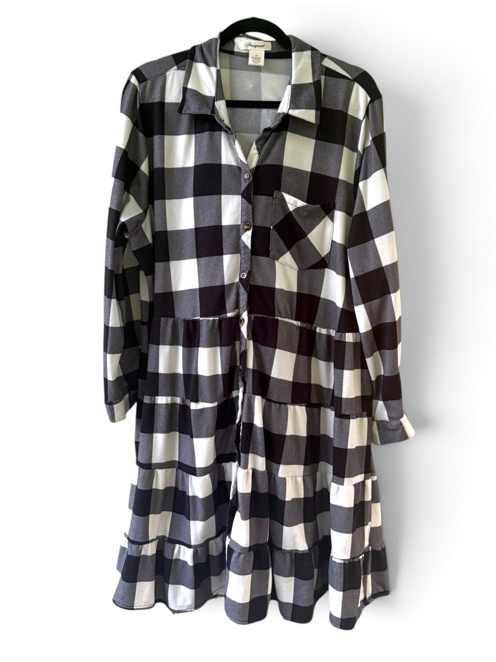 Passport Black & White Plaid Tiered Button-Front Dress
